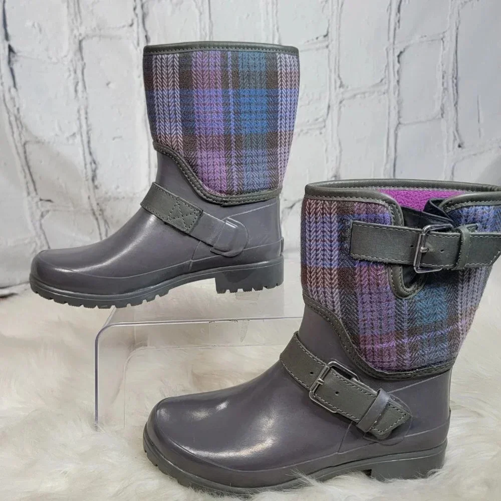 Sperry Rain Boots ‎ Womens 6 Plaid Fabric Rubber Waterproof Outdoor Preppy Cute